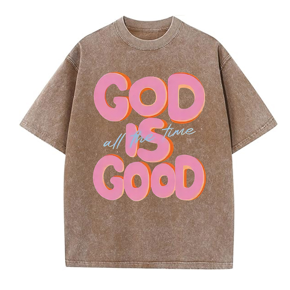 God Is Good All The Time Pattern  Washed Distressed Crew Neck T-Shirt