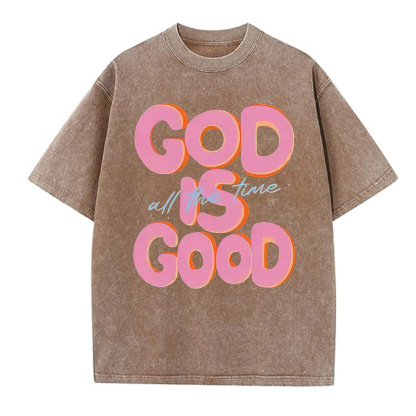 God Is Good All The Time Pattern  Washed Distressed Crew Neck T-Shirt