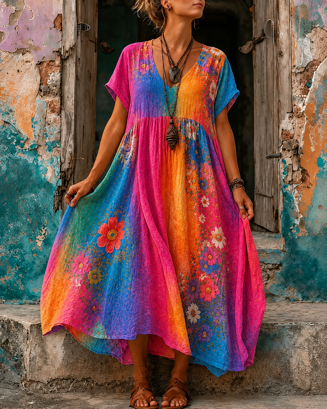 Women's Vacation Linen Boho Floral Print V-Neck Short Sleeve Maxi Dress