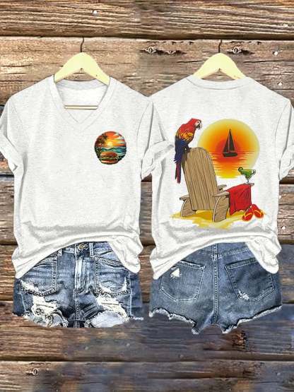 V Neck Retro Vacation Cheeseburger Paradise Parrot Margarita Print T-Shirt