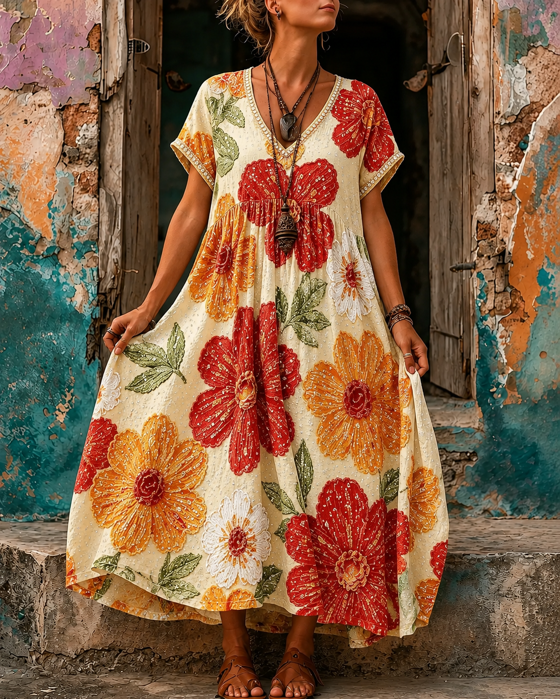 Women's Vacation Linen Boho Floral Print V-Neck Short Sleeve Maxi Dress