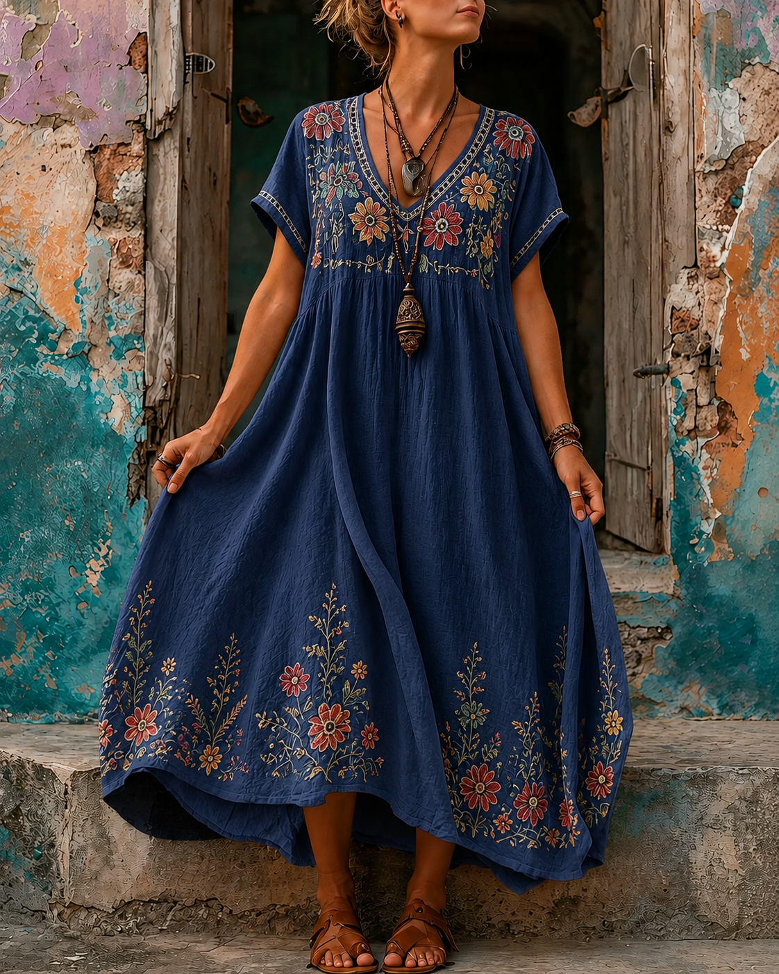 Women's Vacation Linen Boho Floral Print V-Neck Short Sleeve Maxi Dress