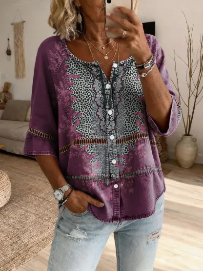 Women's Bohemian Textured Floral Art Print Casual Cutout Top