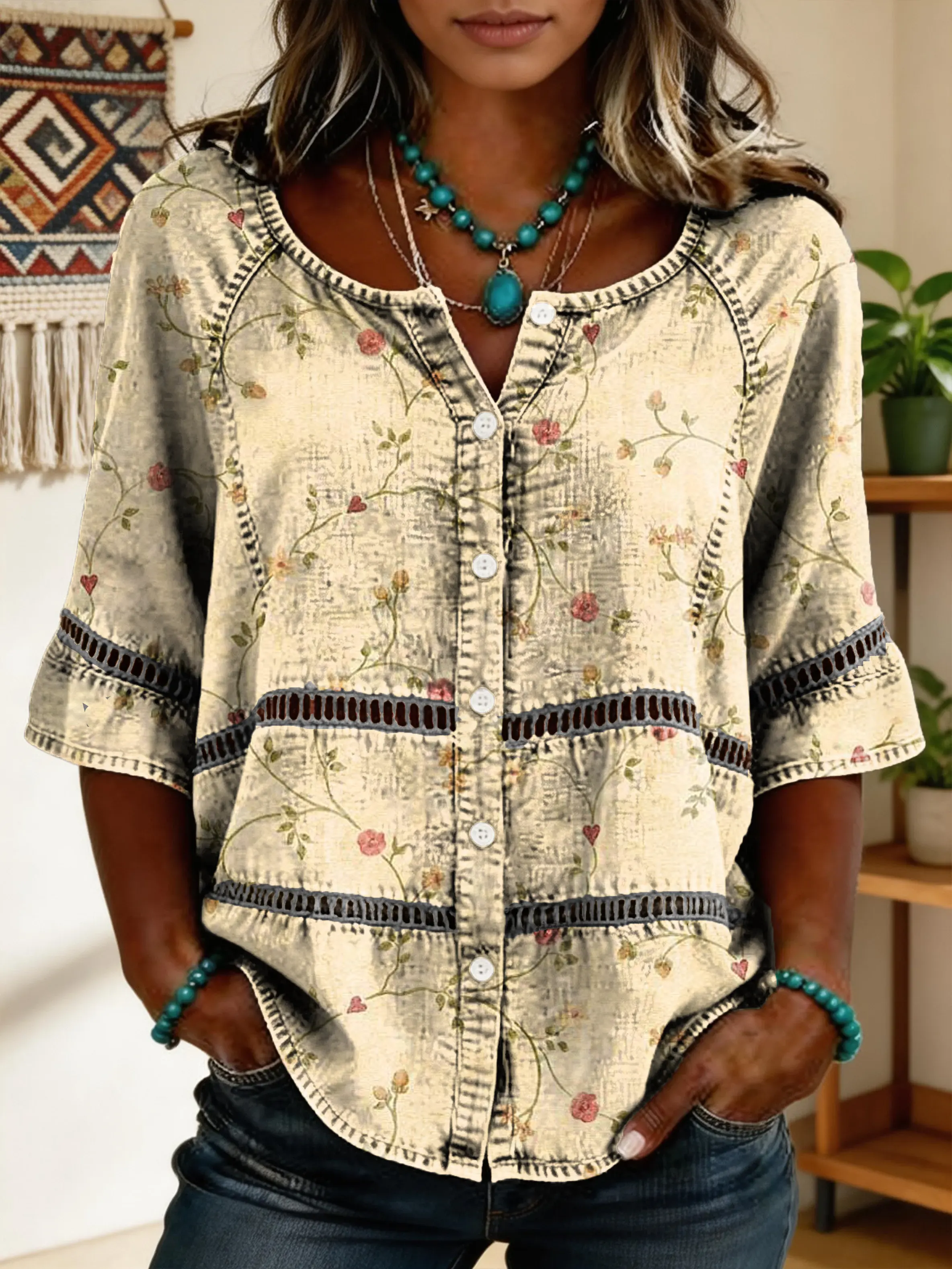 Women's Vintage Floral Art Print Lace-up Button-up Short-sleeve Shirt