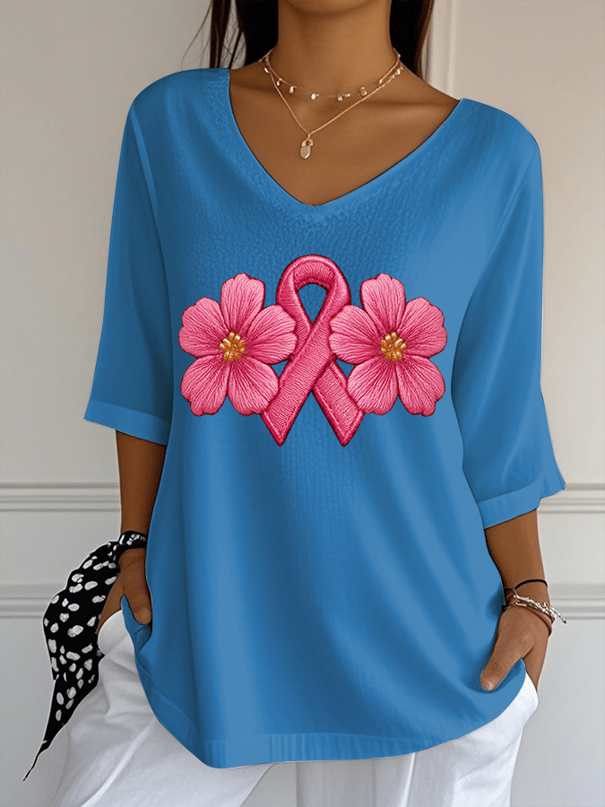 Women's Breast Cancer Awareness Print Jacquard Casual V Neck Top