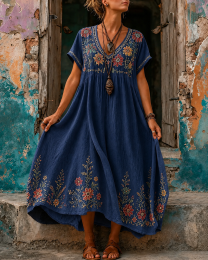 Women's Vacation Linen Boho Floral Print V-Neck Short Sleeve Maxi Dress
