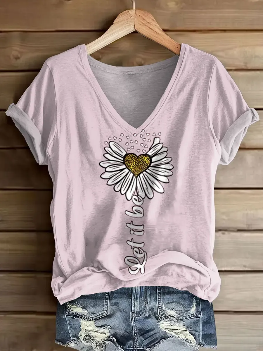 Let It Be Flowers Love Women's V-neck Print Casual T-shirt