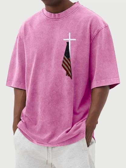 Men's Vintage Flag Cross Print Cotton Washed T-Shirt