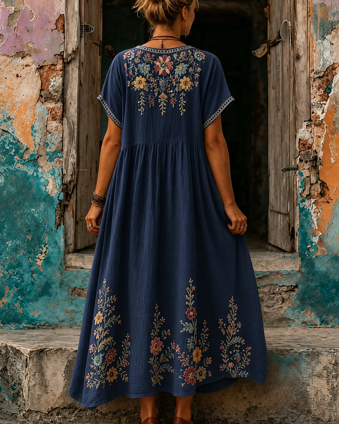 Women's Vacation Linen Boho Floral Print V-Neck Short Sleeve Maxi Dress