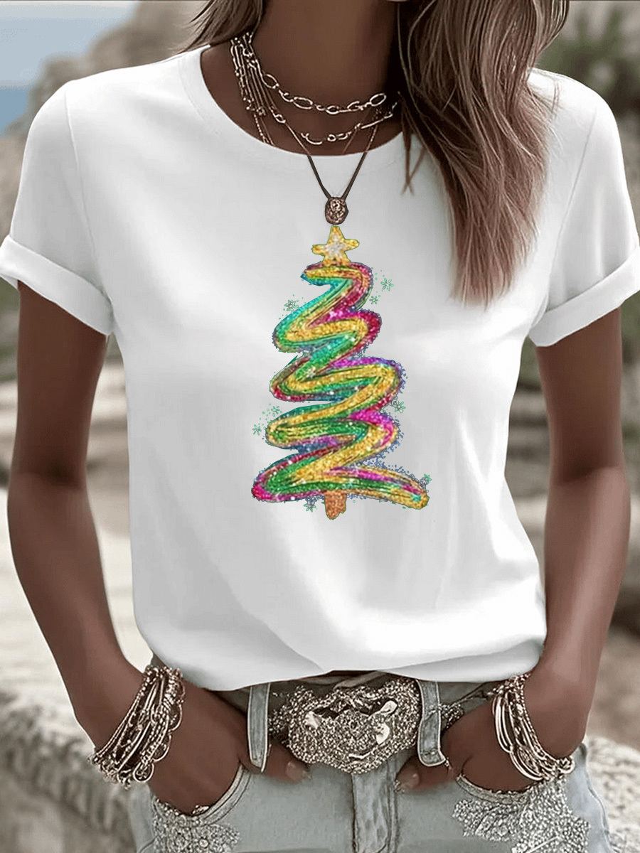 Christmas Tree Pattern  Round-Neck 100% Cotton 180g T-Shirt