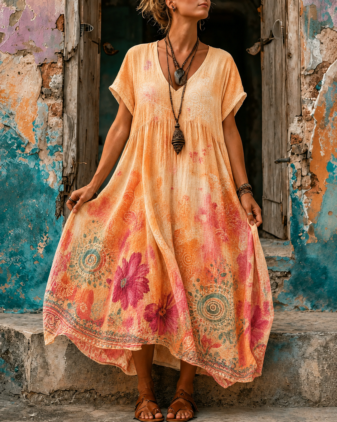 Women's Vacation Linen Floral Print V-Neck Short Sleeve Maxi Dress