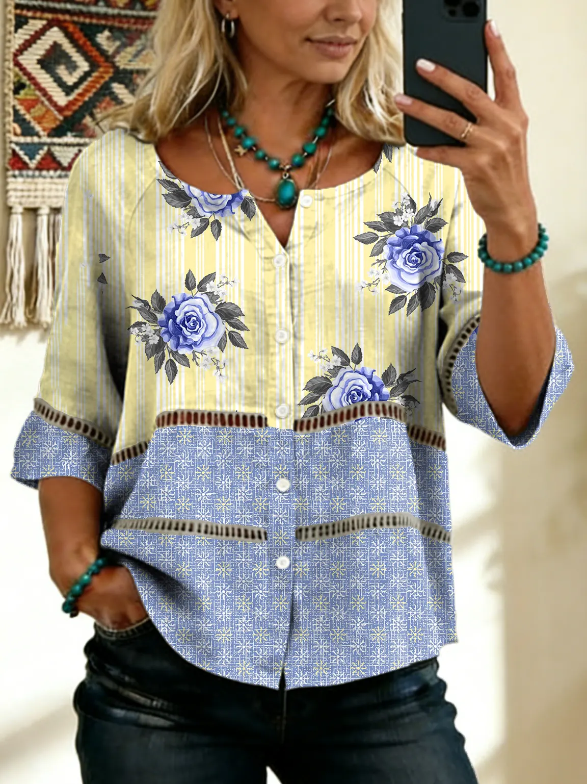 Women's Vintage Floral Art Print Tie-front Button-up Cotton-linen Blend Short-sleeve Shirt