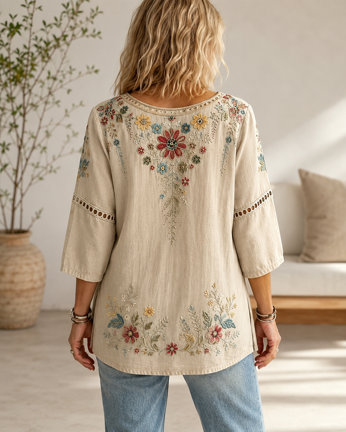 Women's Floral Embroidered Linen Blouse