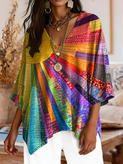 Women's Retro Colorful Sun Art Print Casual V-neck Washed Cotton Denim Top