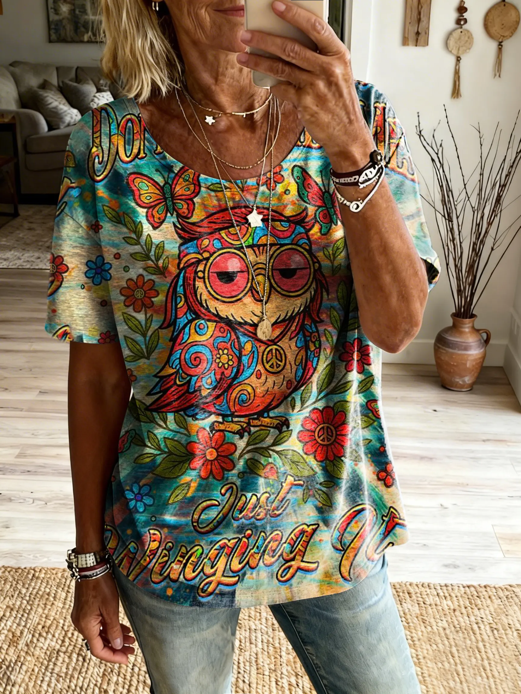 Women's Bohemian Hippie Owl Art Print Pure Cotton Crew Neck Short-Sleeve Casual T-Shirt