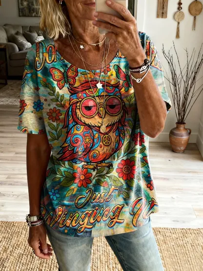 Women's Bohemian Hippie Owl Art Print Pure Cotton Crew Neck Short-Sleeve Casual T-Shirt