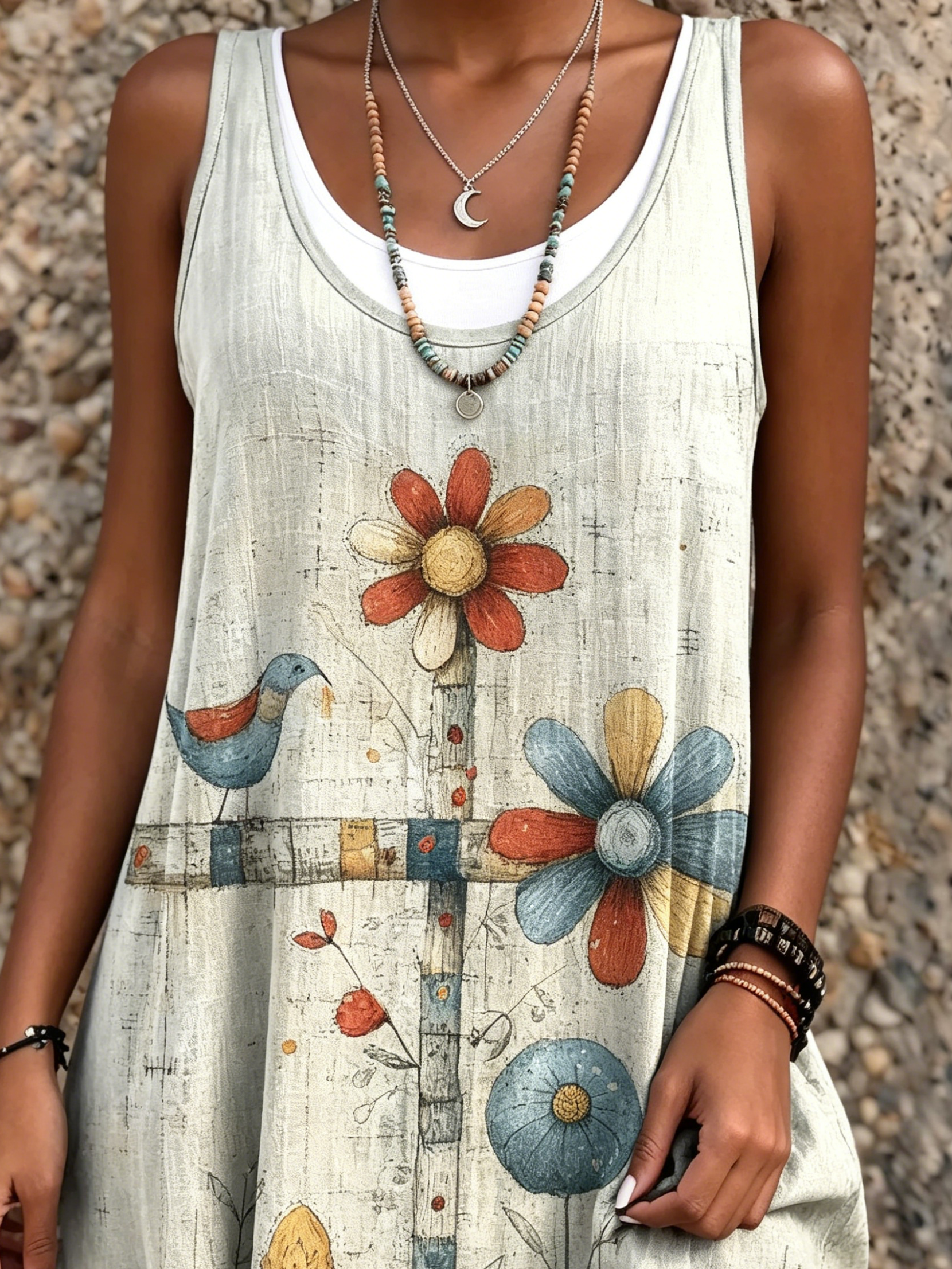Ethnicity Bohemian Style Flowers Bird Women's Art Print Sleeveless Midi Dress