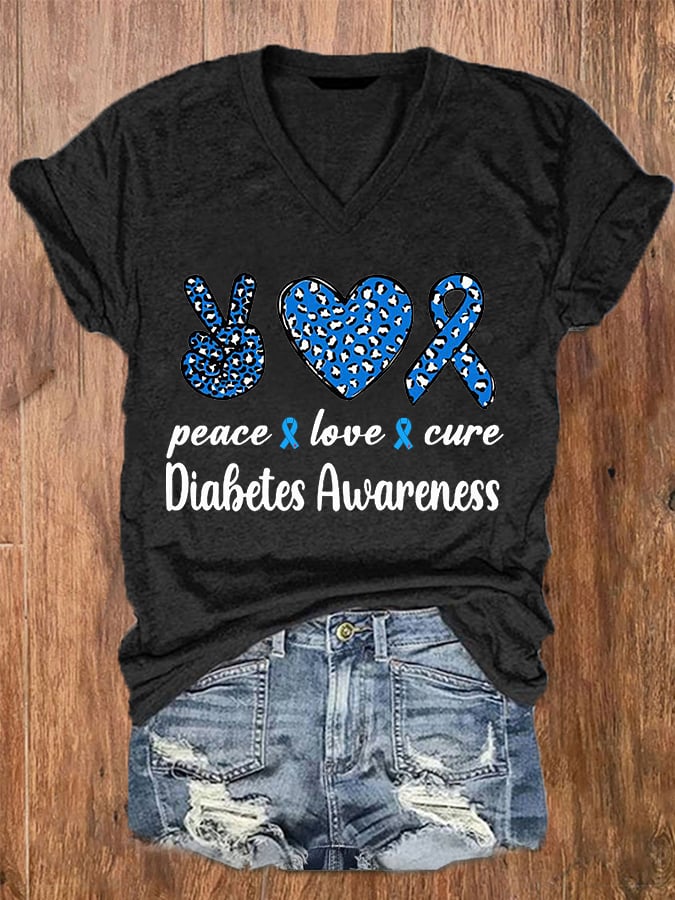 Women's Peace Love Cure Diabetes Awareness V-Neck Tee