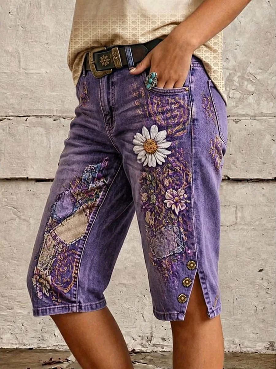Women's Floral Patchwor Print Mid-Length Split Hem Denim Bermuda Shorts
