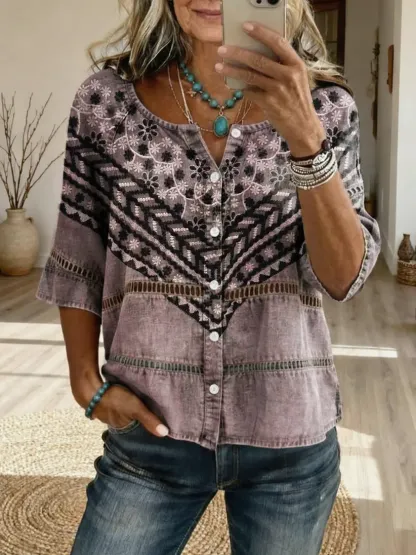 Women's Retro-Textured Ethnic Floral Art Print Casual Cutout Top