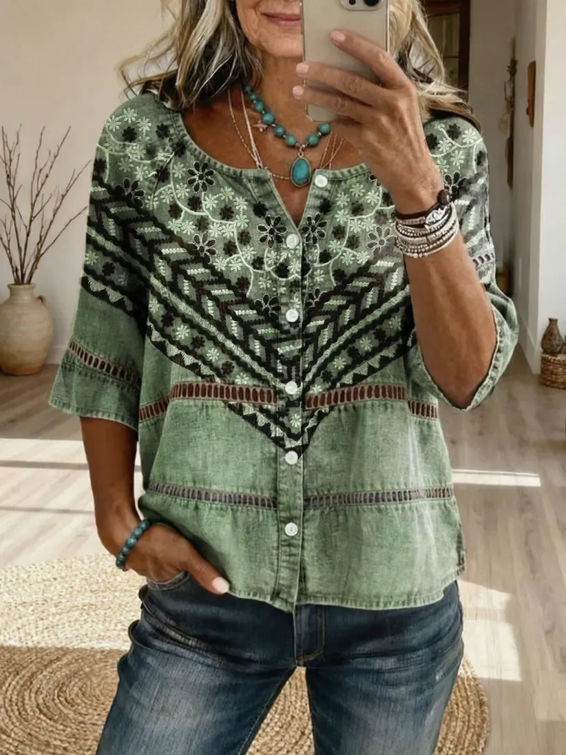 Women's Retro-Textured Ethnic Floral Art Print Casual Cutout Top