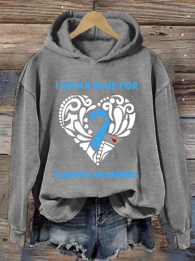 Women's I Wear Blue For Diabetes Awareness Print Hoodie Long Sleeve Sweatshirt