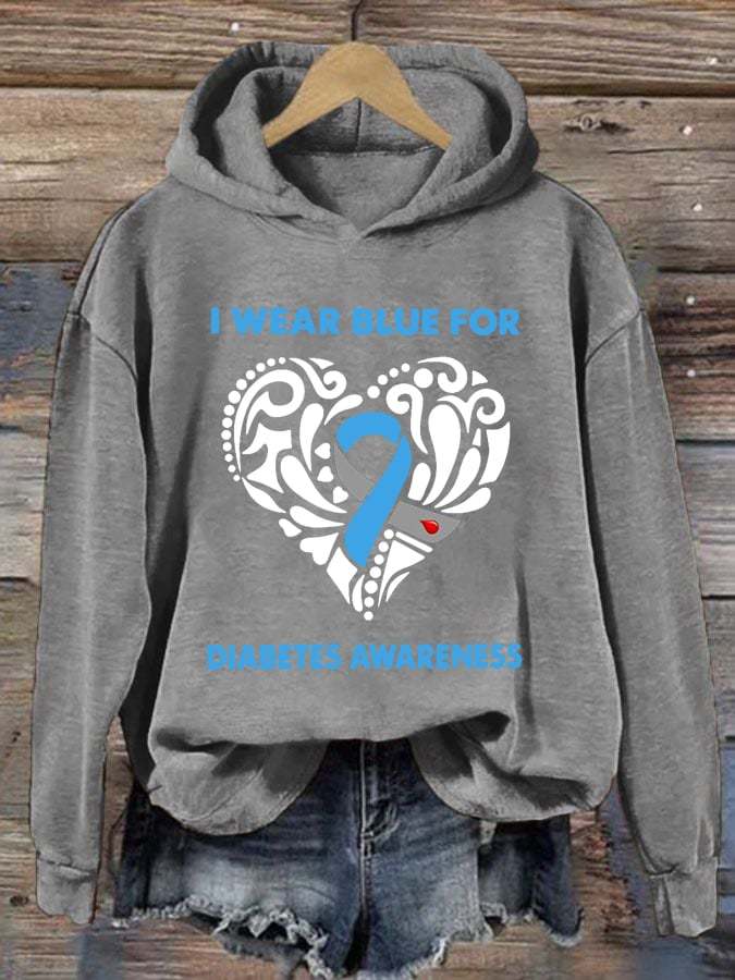 Women's I Wear Blue For Diabetes Awareness Print Hoodie Long Sleeve Sweatshirt