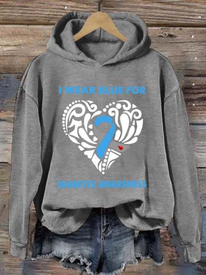 Women's I Wear Blue For Diabetes Awareness Print Hoodie Long Sleeve Sweatshirt
