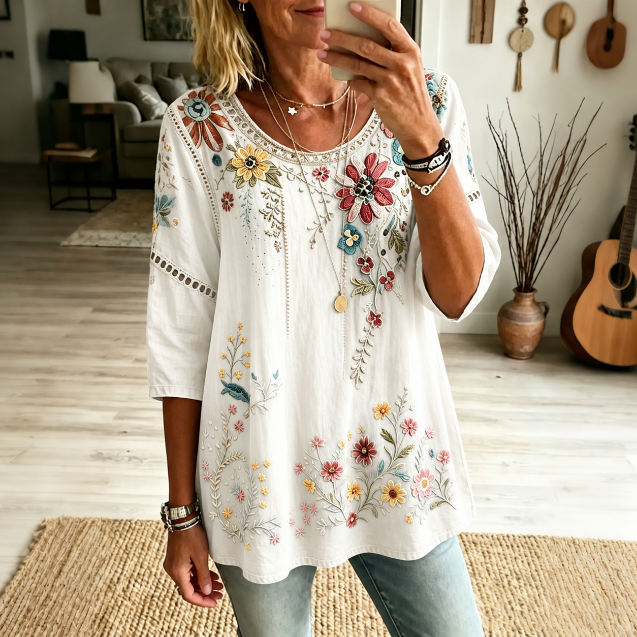 Women's Floral Embroidered Linen Blouse