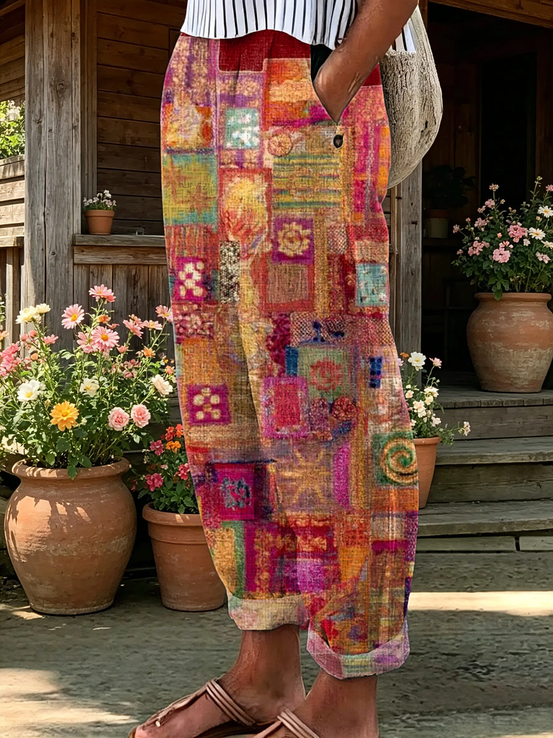 Women's Vintage Patchwork Plaid Print Cuffed Casual Pants