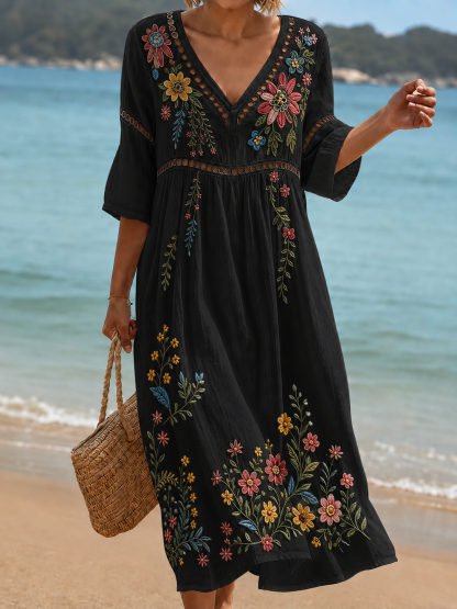 Women's Vacation Linen Boho Floral Print V-Neck Short Sleeve Maxi Dress