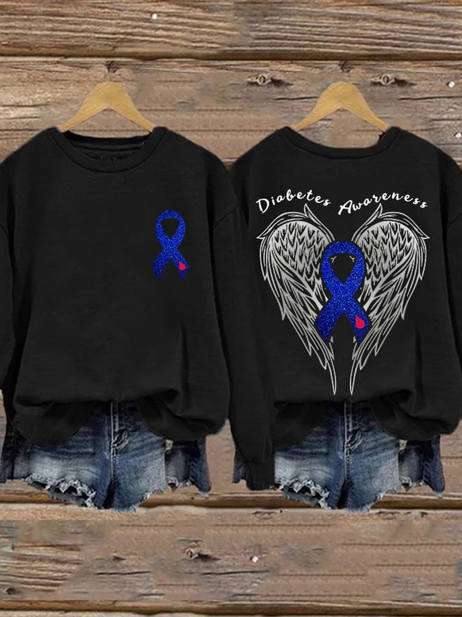 Retro Diabetes Awareness Wings Angel Blue Ribbon Print Sweatshirt