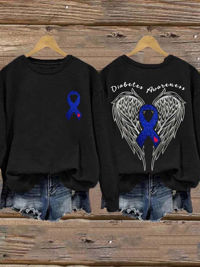 Retro Diabetes Awareness Wings Angel Blue Ribbon Print Sweatshirt