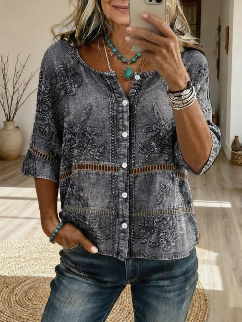 Women's Bohemian Textured Floral Art Print Casual Cutout Top