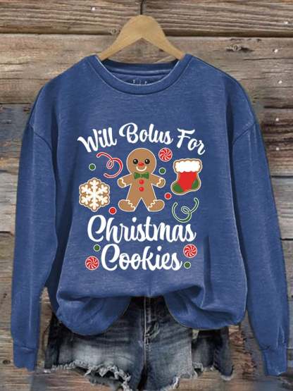 Women's Type 1 Diabetes Will Bolus For Christmas Cookies Gingerbread Man Print Long Sleeve Sweatshirt