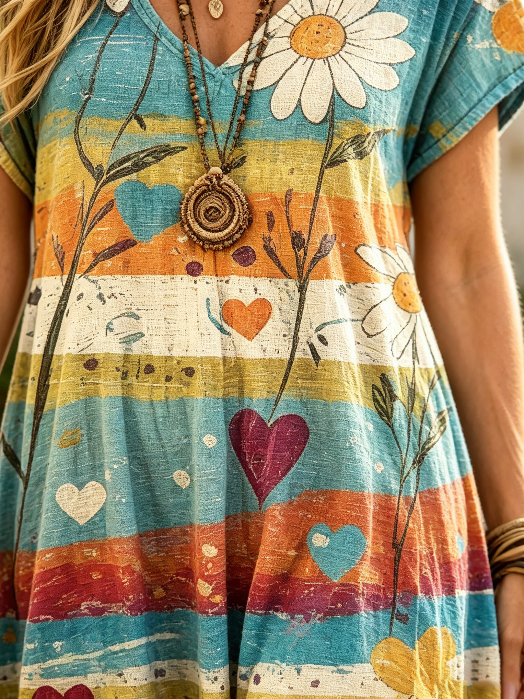 Women's Colorful Floral Striped Art Print Casual Short-sleeve V-neck Cotton Dress