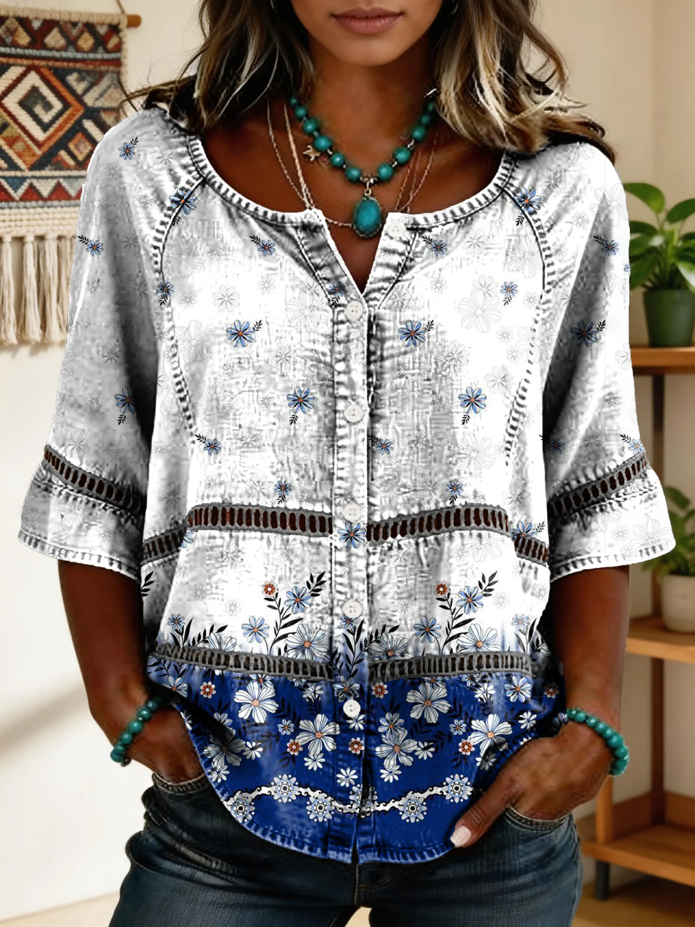 Women's Vintage Floral Art Print Lace-up Button-up Short-sleeve Shirt