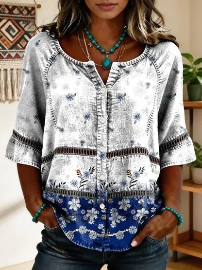 Women's Vintage Floral Art Print Lace-up Button-up Short-sleeve Shirt