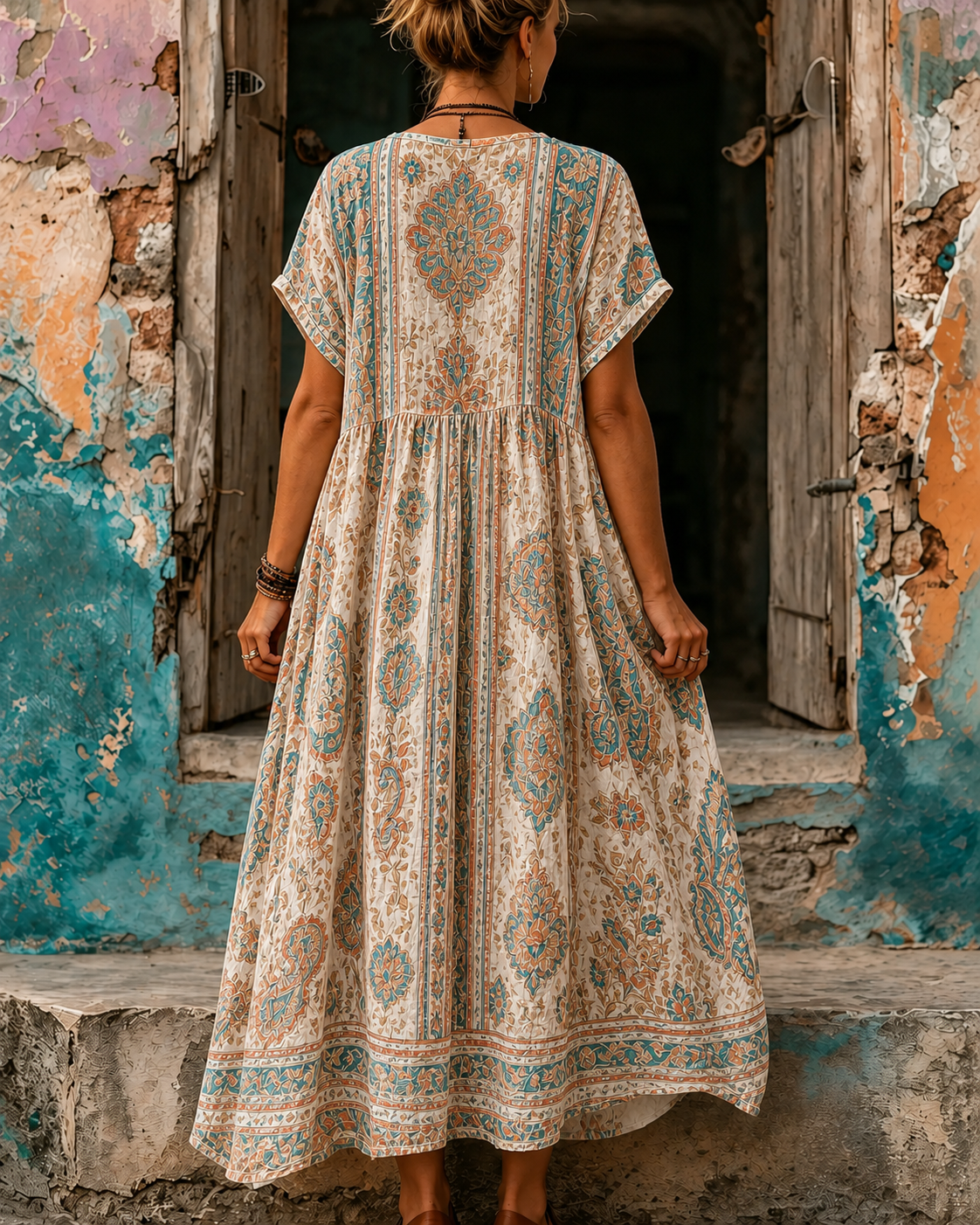 Women's Vacation Linen Boho Floral Print V-Neck Short Sleeve Maxi Dress