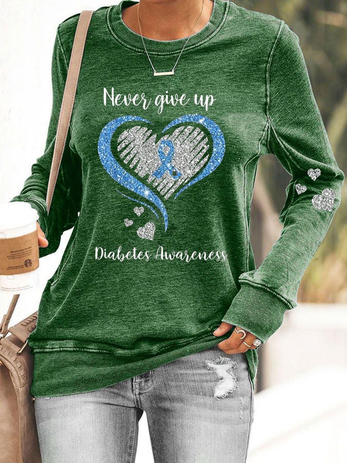 Women's Diabetes Awareness Never Give Up Print Casual Sweatshirt