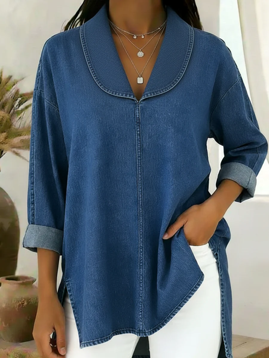 Retro Shawl Collar Denim Cotton Top