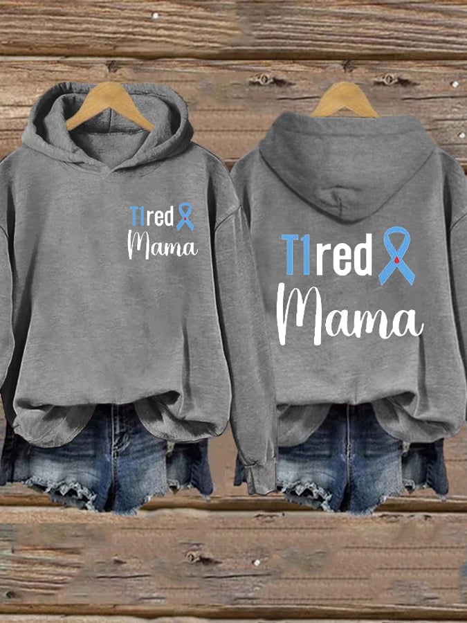 Women's T1red Mama Diabetes Awareness Blue Ribbon Print Casual Hoodie