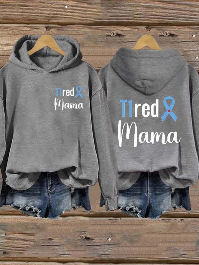 Women's T1red Mama Diabetes Awareness Blue Ribbon Print Casual Hoodie