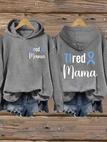 Women's T1red Mama Diabetes Awareness Blue Ribbon Print Casual Hoodie