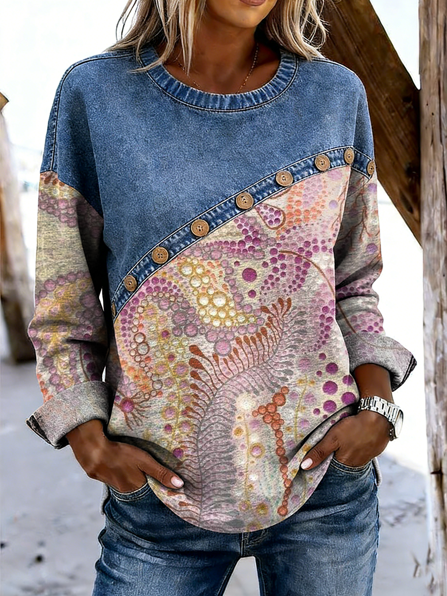 Women's Retro Art Print Casual Long-sleeve Patchwork Shirt