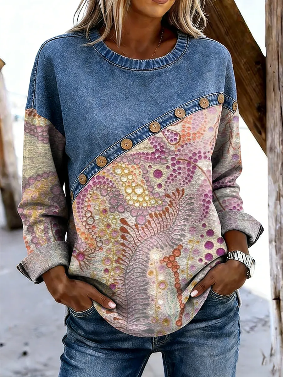 Women's Retro Art Print Casual Long-sleeve Patchwork Shirt