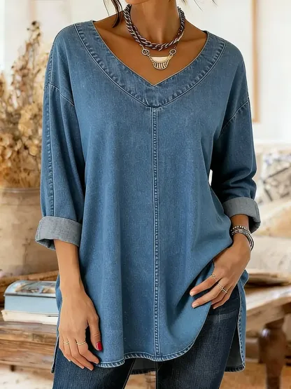 Women's Comfortable Casual V-neck Cotton Denim Top-1
