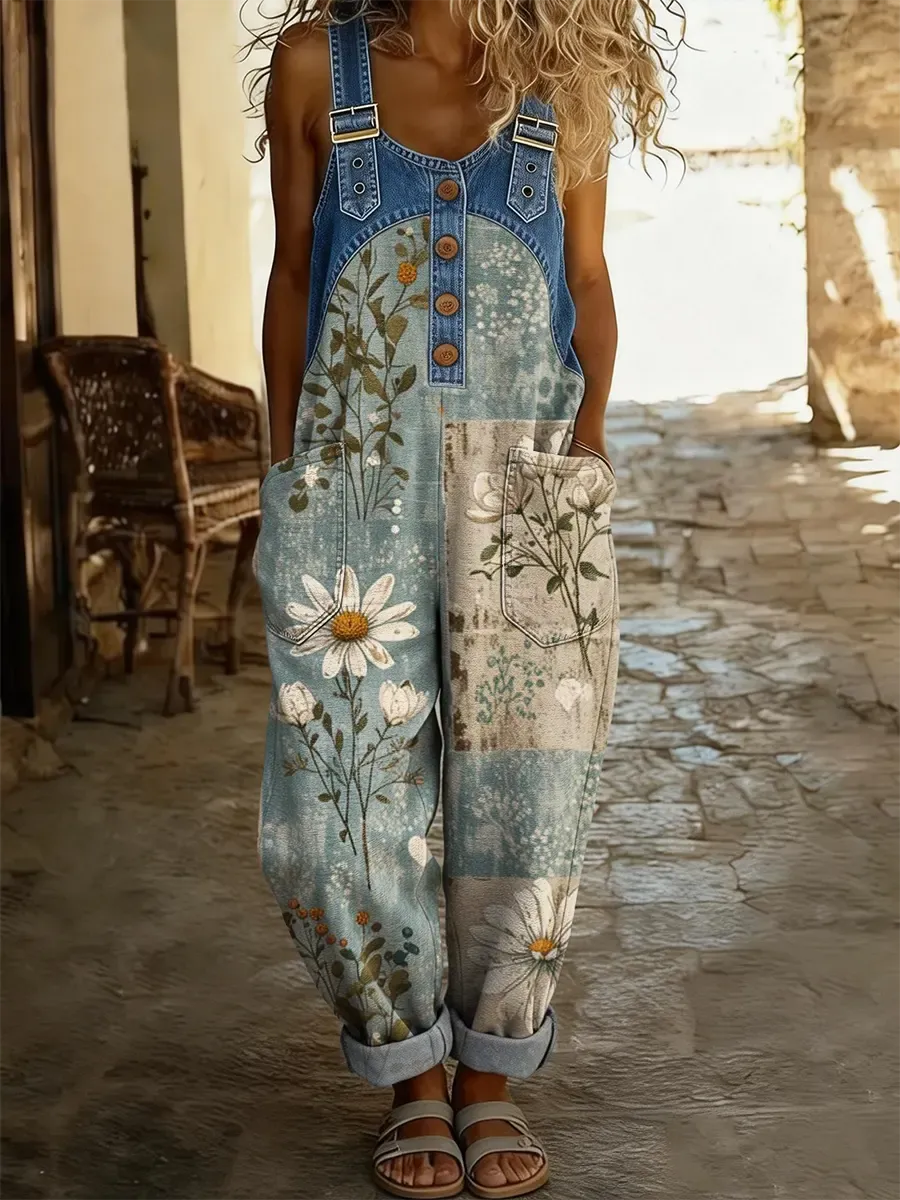 Ethnicity Bohemian Style Flowers Women's Casual Washed Cotton Denim Patchwork Jumpsuit