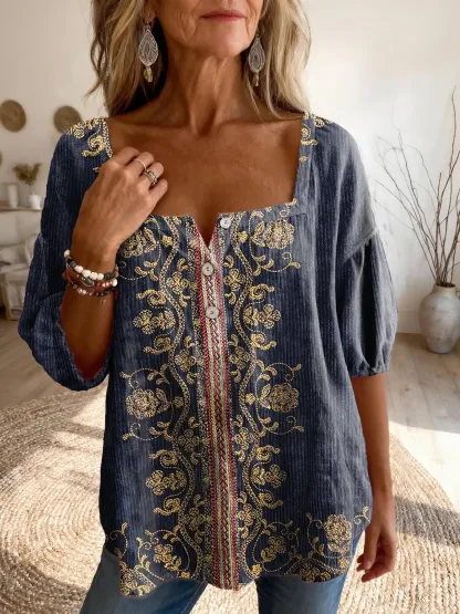 Women's Ethnic Retro Floral Art Print Casual Square-Neck Top