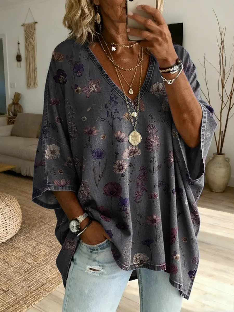 Ethnicity Purple Flowers Women's Art Print Casual Washed Cotton Denim Top